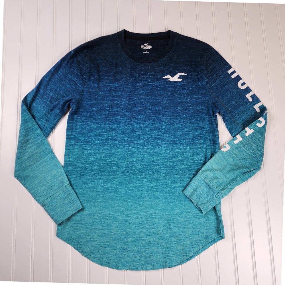 Hollister Mens Blue Ombre‎ Long Sleeve T-Shirt Graphic Logo Casual Top SMALL
